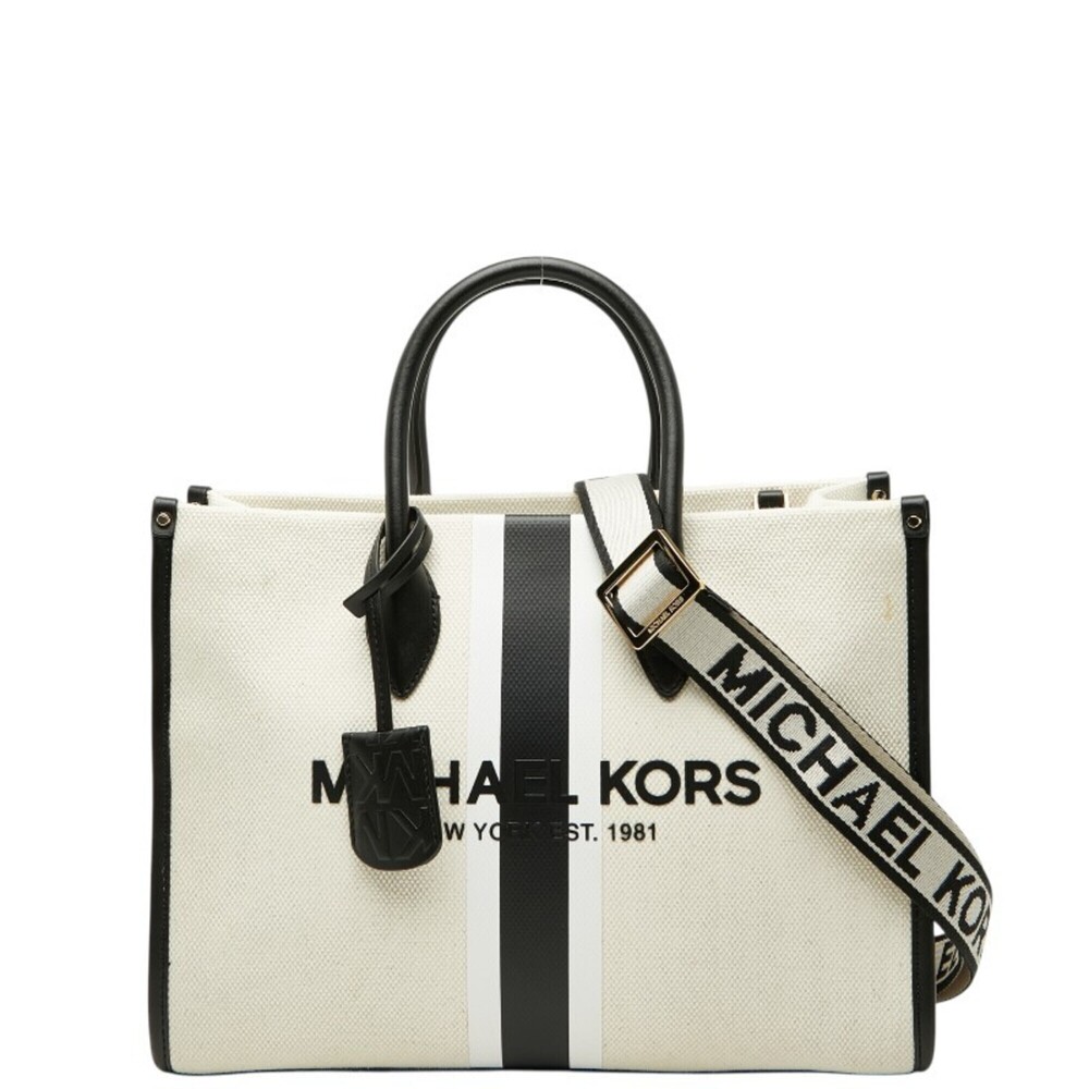 Michael Kors MIRELLA EW Tote Bag Shoulder 2-Way White Black Canvas Leather Wo...